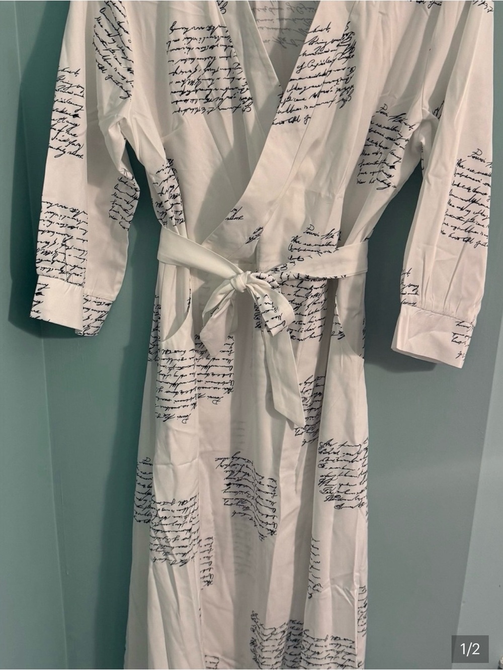 NWOT White Script-Print Wrap Maxi Dress - Picture 2 of 2